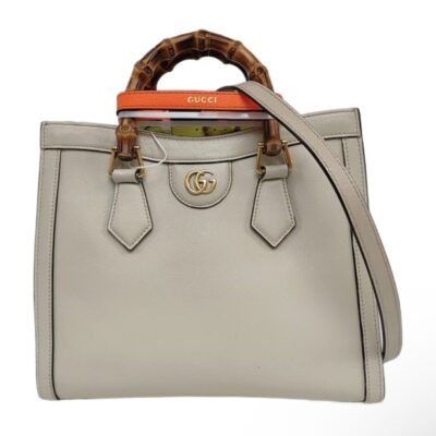 Gucci Wonka Grain Calfskin Medium Diana Tote Bag Mystic White