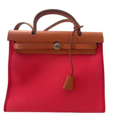 HERMES Vache Hunter Toile Herbag Zip 31 PM Rouge Tomate Natural