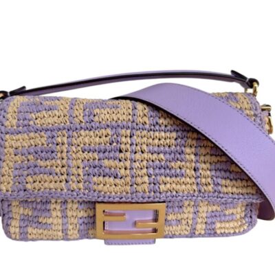 FENDI Raffia Vitello Grace FF Crochet Baguette Natural
