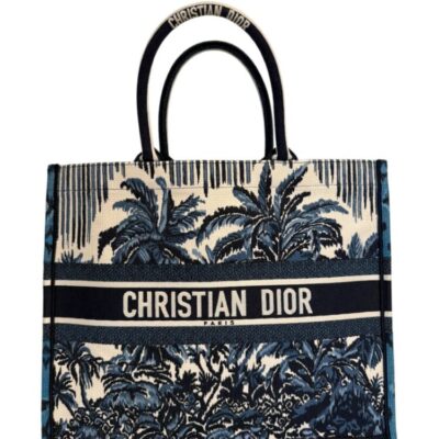 CHRISTIAN DIOR Canvas Embroidered Large Palm Tree Toile De Jouy Book Tote Blue Multicolor