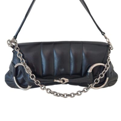 GUCCI Nappa Vertical Matelasse Medium Maxi Horsebit Chain Shoulder Bag Black