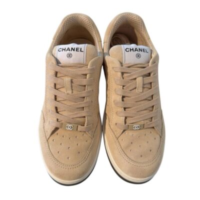 CHANEL Suede Calfskin Logo Sneakers 39 Beige