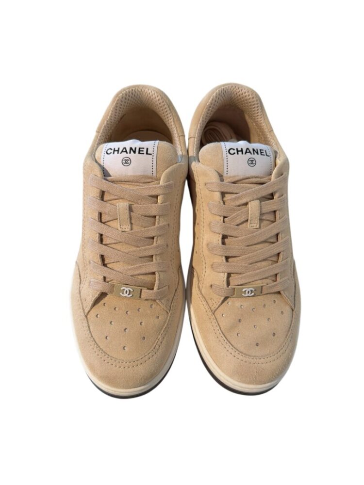 CHANEL Suede Calfskin Logo Sneakers 39 Beige