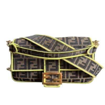 FENDI Fabric Jacquard FF 1974 Large Baguette Tobacco Moro Giallo Fluo