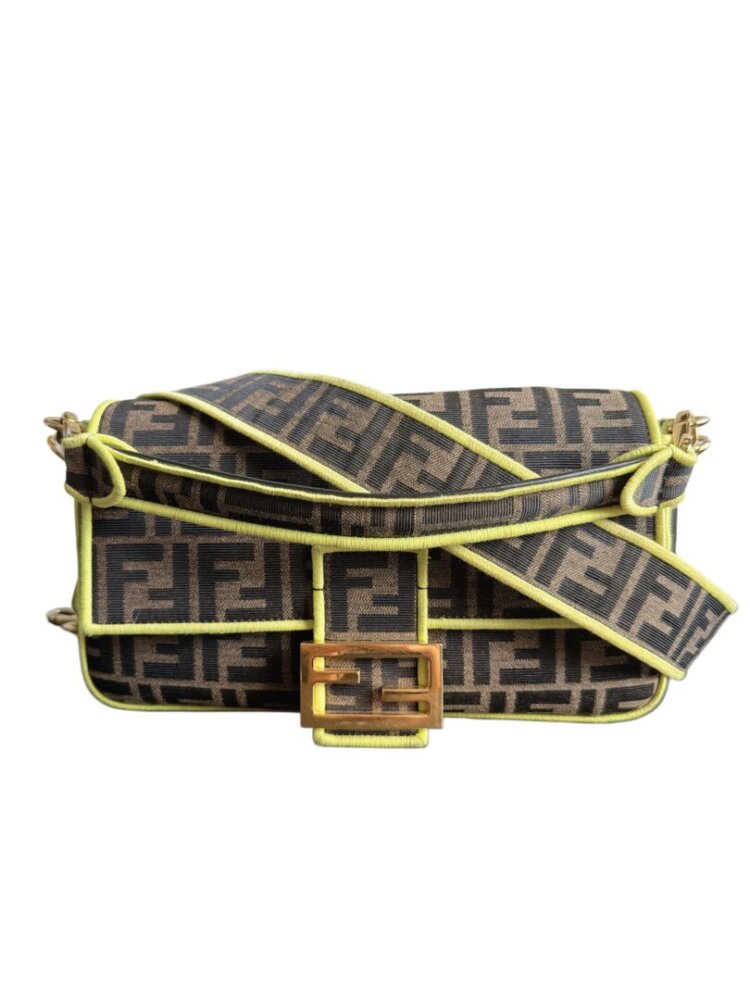 FENDI Fabric Jacquard FF 1974 Large Baguette Tobacco Moro Giallo Fluo