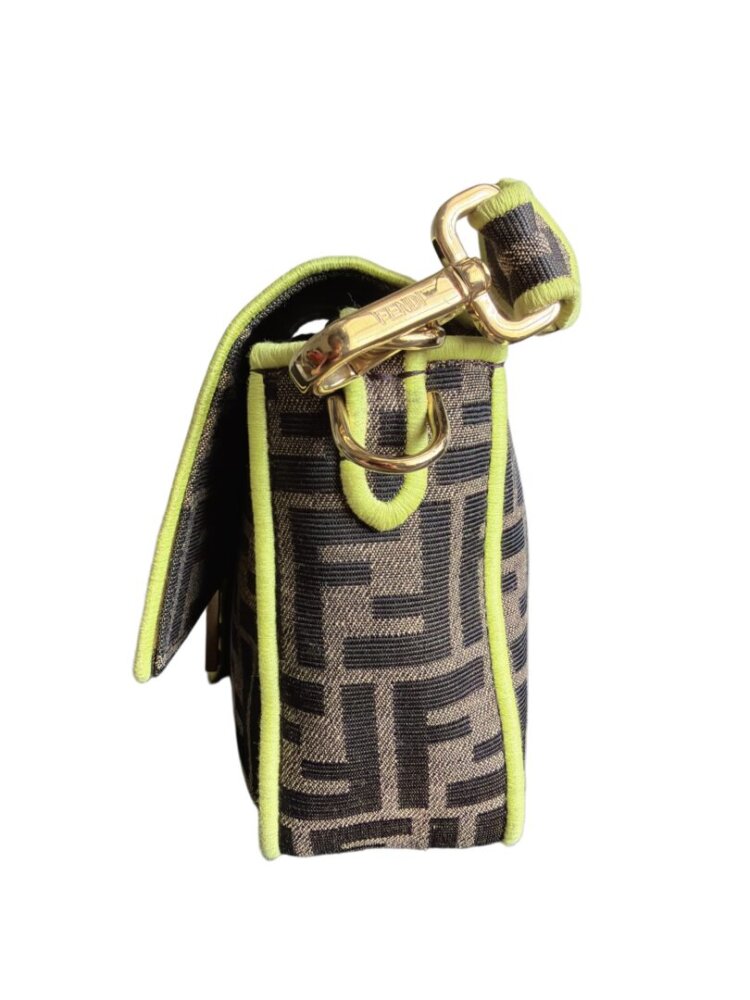 FENDI Fabric Jacquard FF 1974 Large Baguette Tobacco Moro Giallo Fluo - Image 3