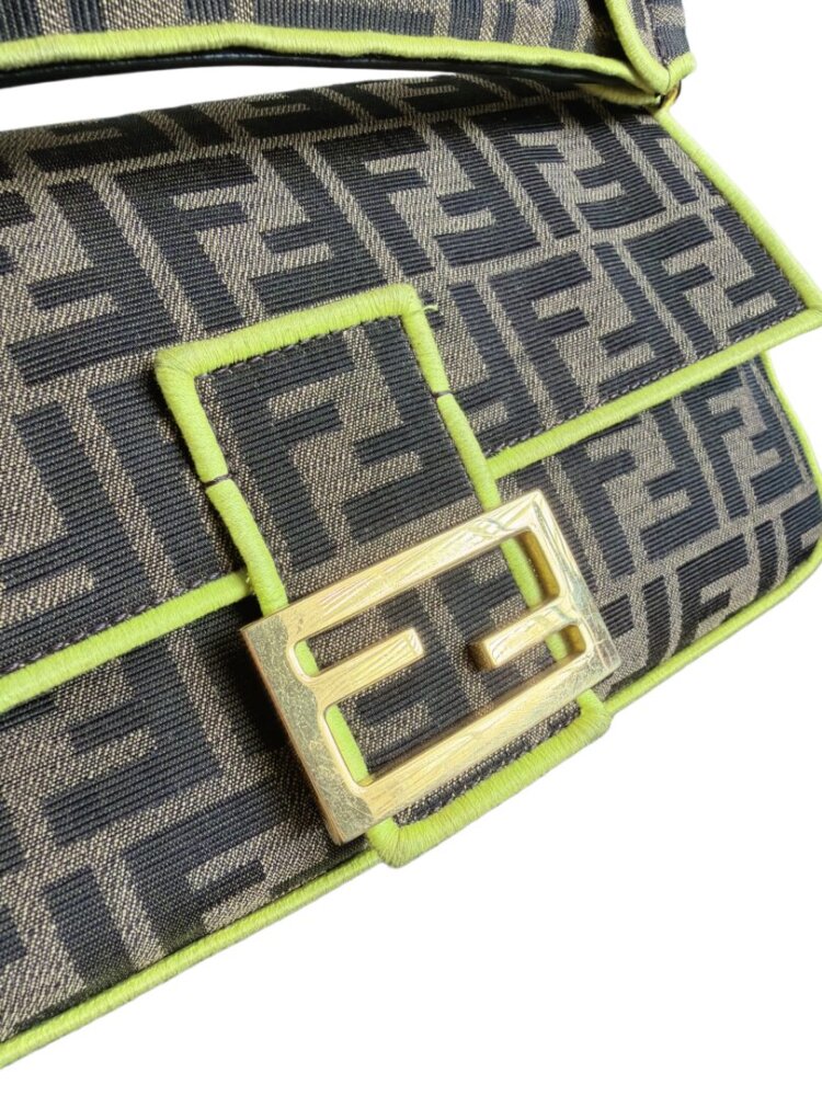 FENDI Fabric Jacquard FF 1974 Large Baguette Tobacco Moro Giallo Fluo - Image 5