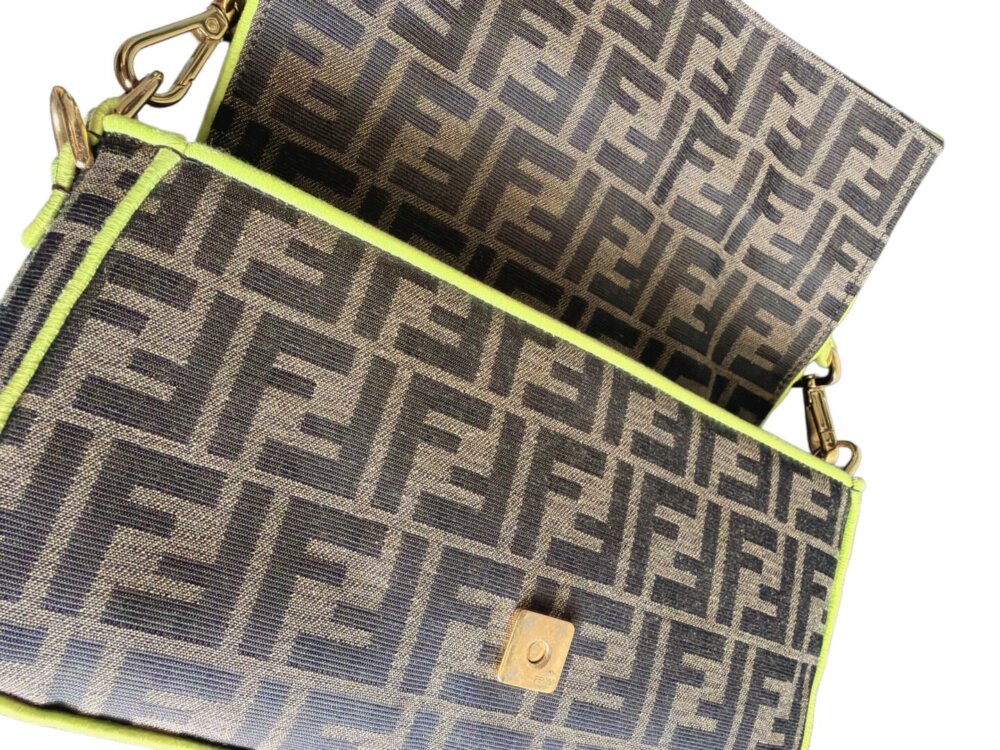 FENDI Fabric Jacquard FF 1974 Large Baguette Tobacco Moro Giallo Fluo - Image 7