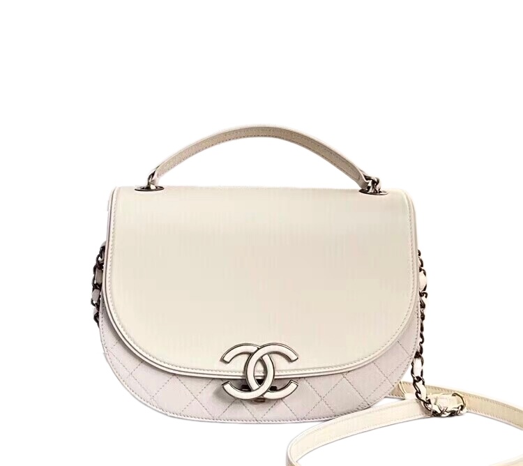 CHANEL Shiny Calfskin Goatskin Quilted Medium Coco Curve Messenger Flap White
