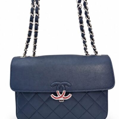 CHANEL Leather Rectangle Navy Blue Quilted Handbag