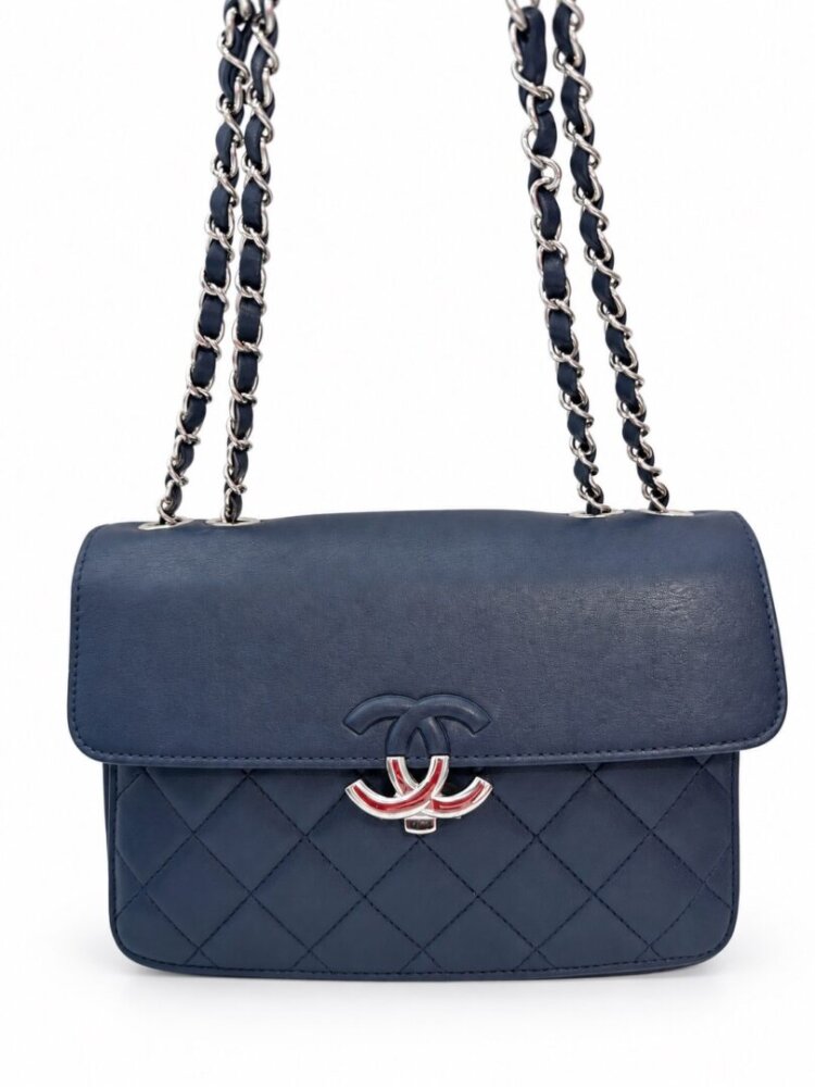 CHANEL Leather Rectangle Navy Blue Quilted Handbag