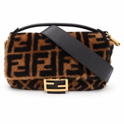 Fendi Shearling Vitello Dolce Macro FF 1974 Baguette Tobacco Black