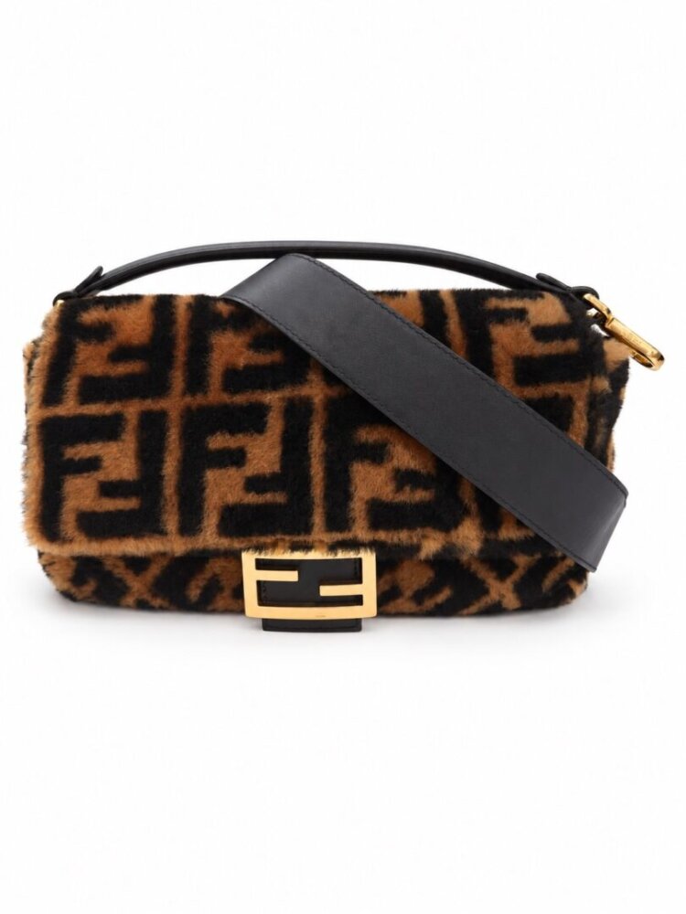 Fendi Shearling Vitello Dolce Macro FF 1974 Baguette Tobacco Black
