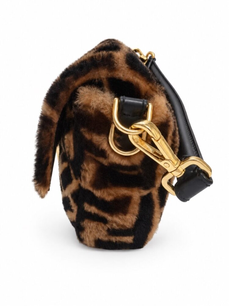 Fendi Shearling Vitello Dolce Macro FF 1974 Baguette Tobacco Black - Image 2