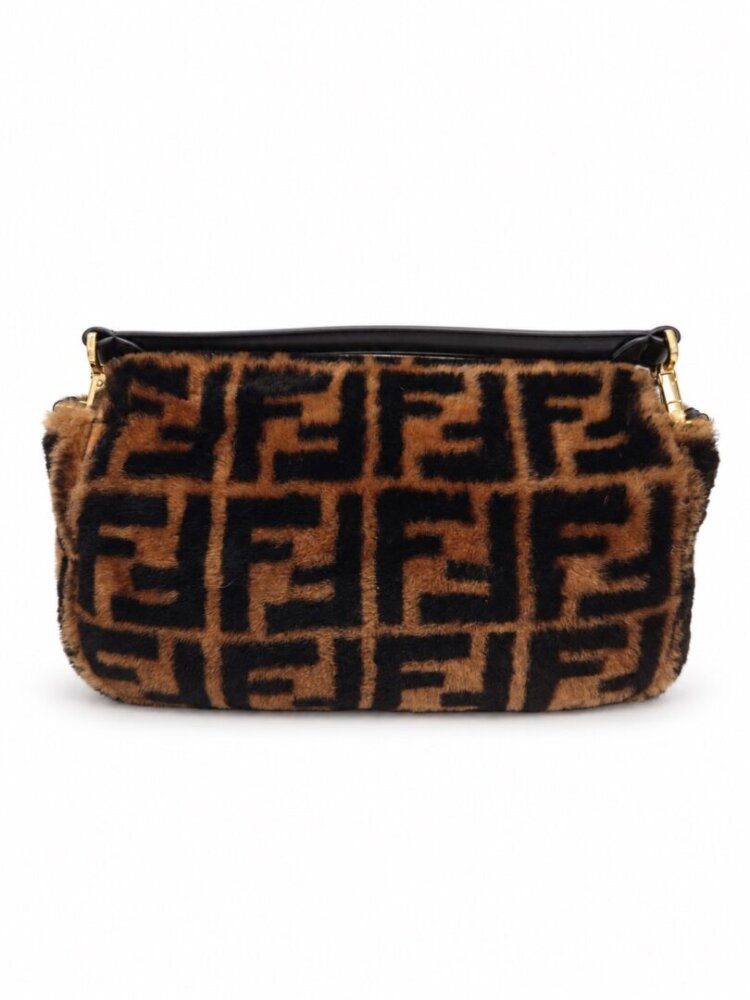 Fendi Shearling Vitello Dolce Macro FF 1974 Baguette Tobacco Black - Image 4