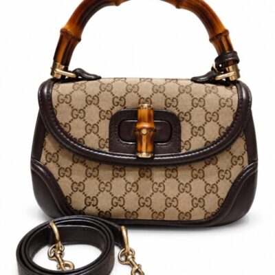 GUCCI Bamboo 1947 canvas and brown leather handbag