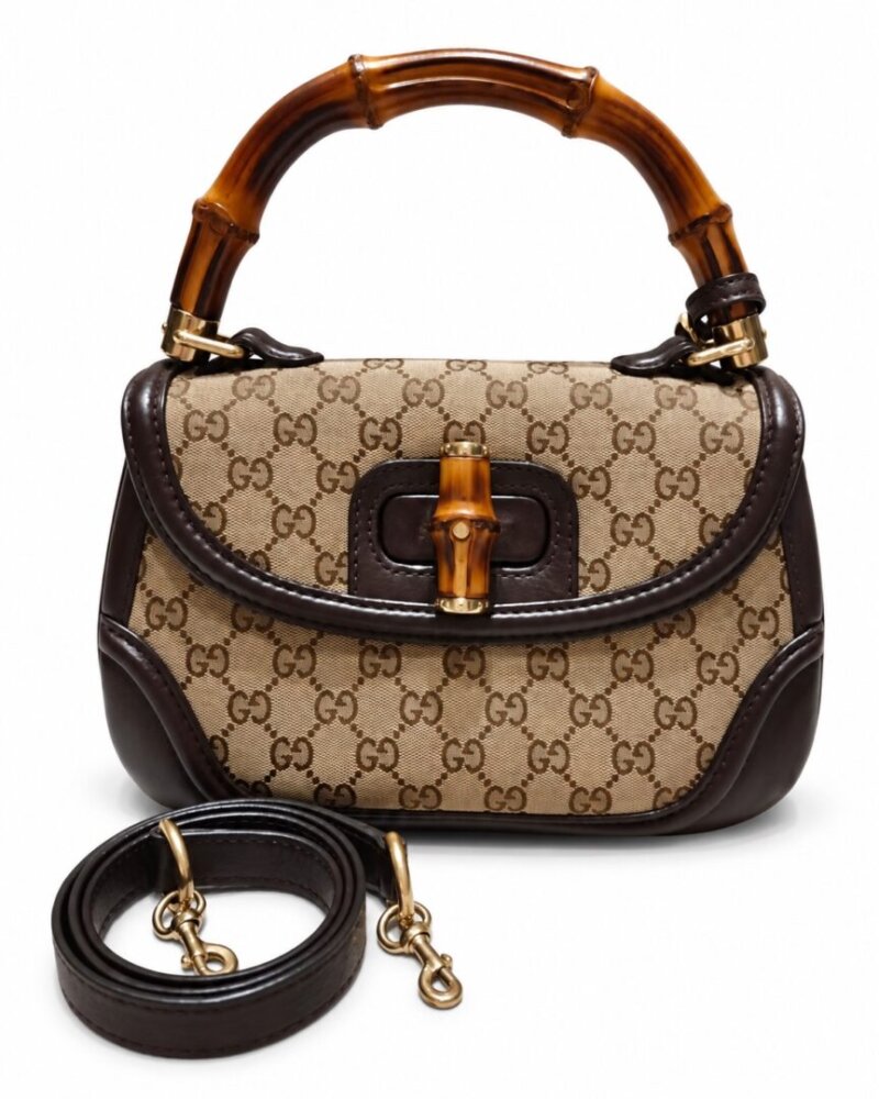 GUCCI Bamboo 1947 canvas and brown leather handbag
