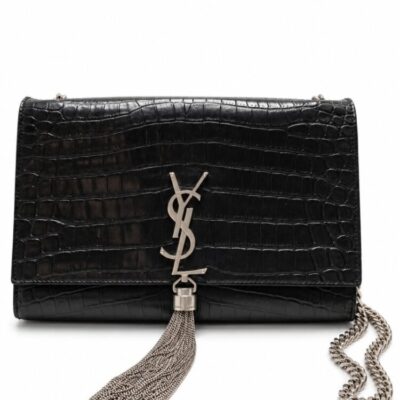 Saint Laurent Calfskin Crocodile Embossed Medium Classic Monogram Kate Tassel Satchel Black