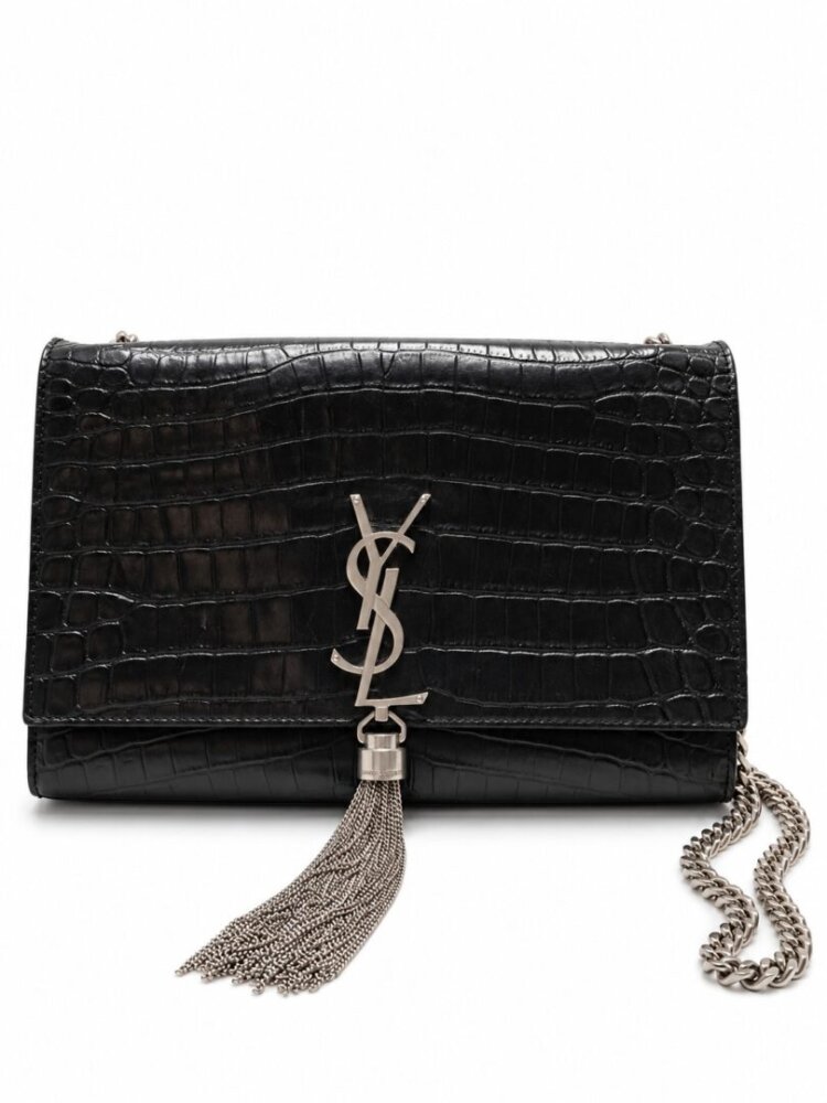 Saint Laurent Calfskin Crocodile Embossed Medium Classic Monogram Kate Tassel Satchel Black