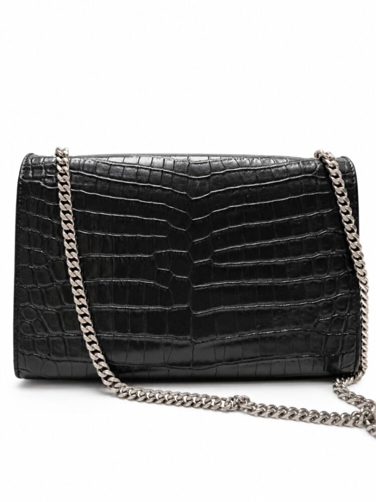 Saint Laurent Calfskin Crocodile Embossed Medium Classic Monogram Kate Tassel Satchel Black - Image 3