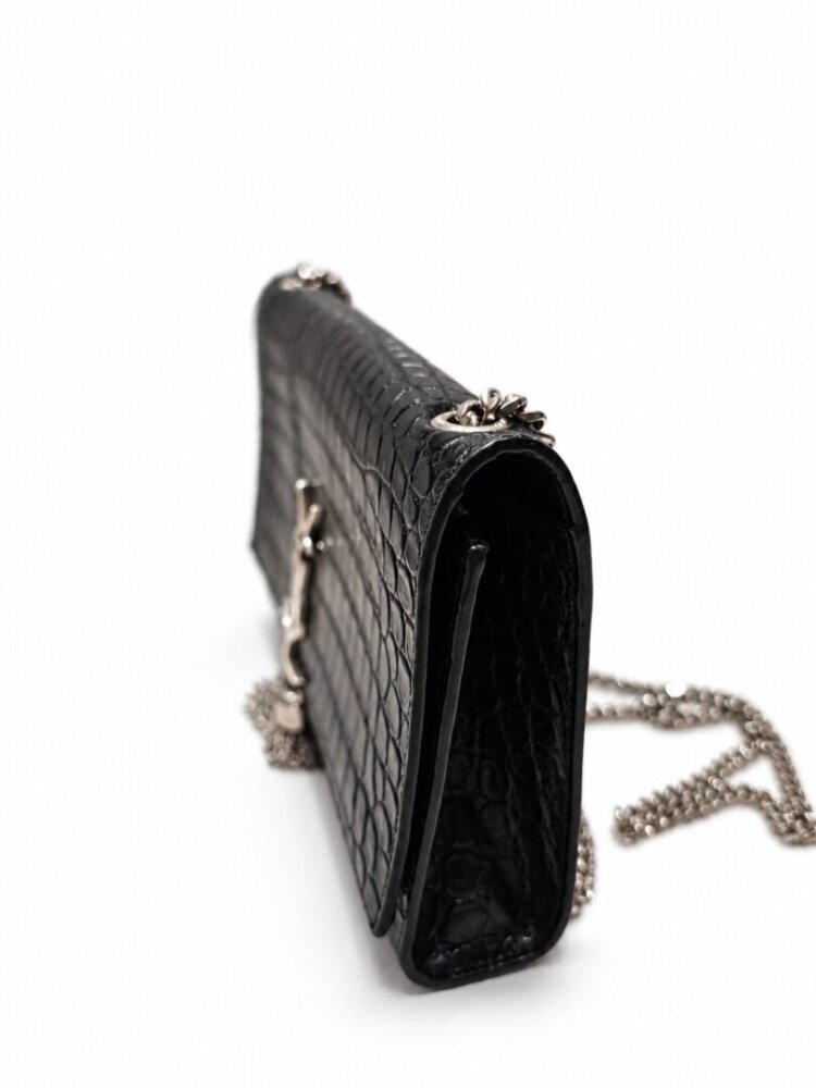 Saint Laurent Calfskin Crocodile Embossed Medium Classic Monogram Kate Tassel Satchel Black - Image 4