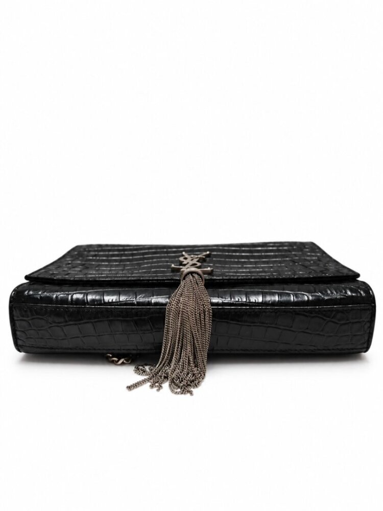 Saint Laurent Calfskin Crocodile Embossed Medium Classic Monogram Kate Tassel Satchel Black - Image 5