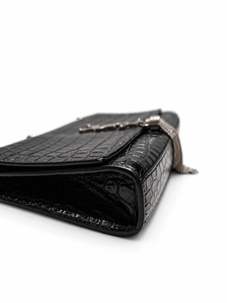 Saint Laurent Calfskin Crocodile Embossed Medium Classic Monogram Kate Tassel Satchel Black - Image 6
