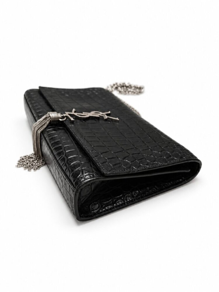 Saint Laurent Calfskin Crocodile Embossed Medium Classic Monogram Kate Tassel Satchel Black - Image 7