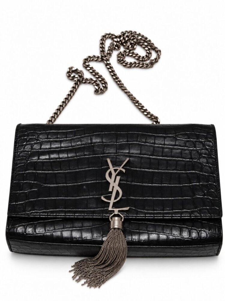 Saint Laurent Calfskin Crocodile Embossed Medium Classic Monogram Kate Tassel Satchel Black - Image 8