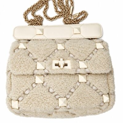 Valentino VALENTINO Leather Studded Chain Bag with Fur Finish / Beige