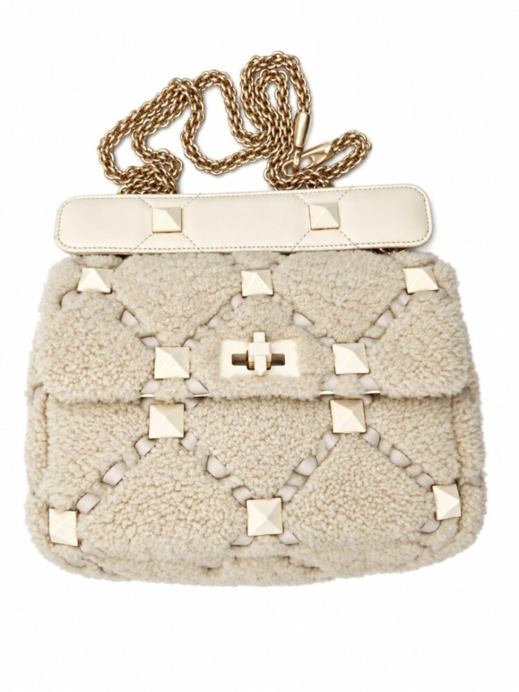 Valentino VALENTINO Leather Studded Chain Bag with Fur Finish / Beige