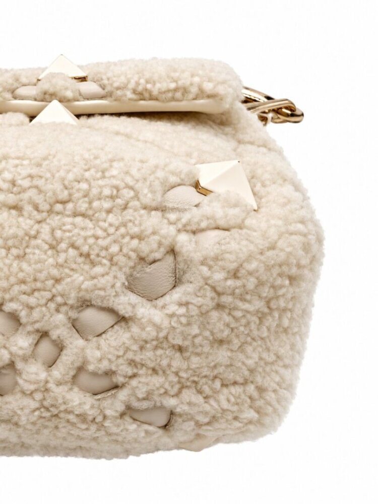 Valentino VALENTINO Leather Studded Chain Bag with Fur Finish / Beige - Image 3