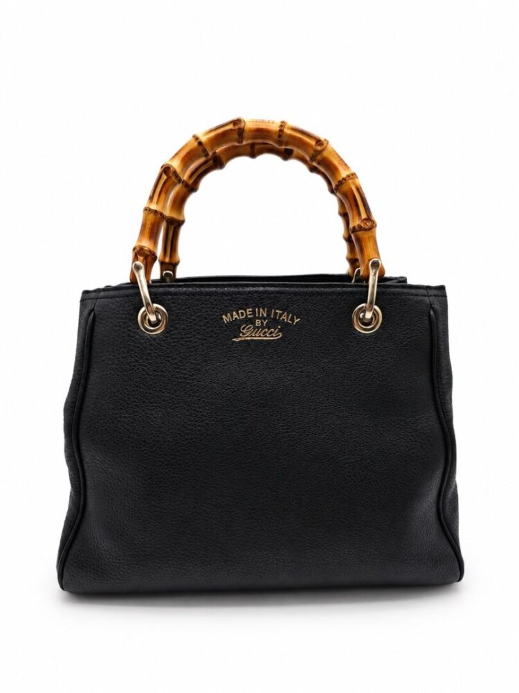Gucci Pebbled Calfskin Medium Bamboo Shopper Tote Black