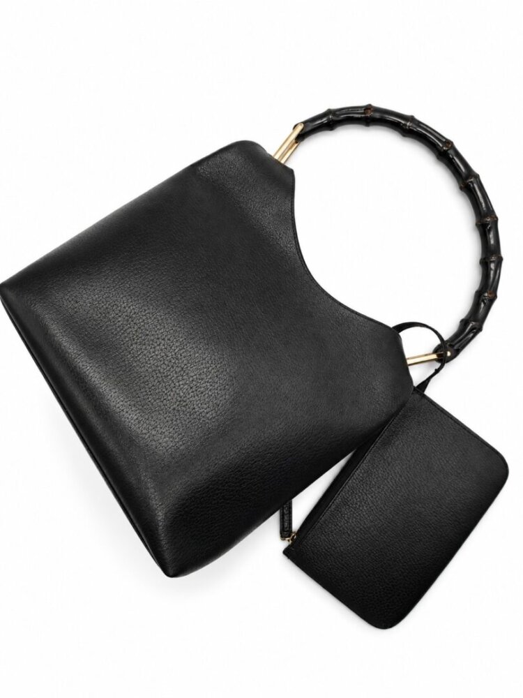 Gucci Black Textured Leather Bamboo Shoulder Bag - Image 3
