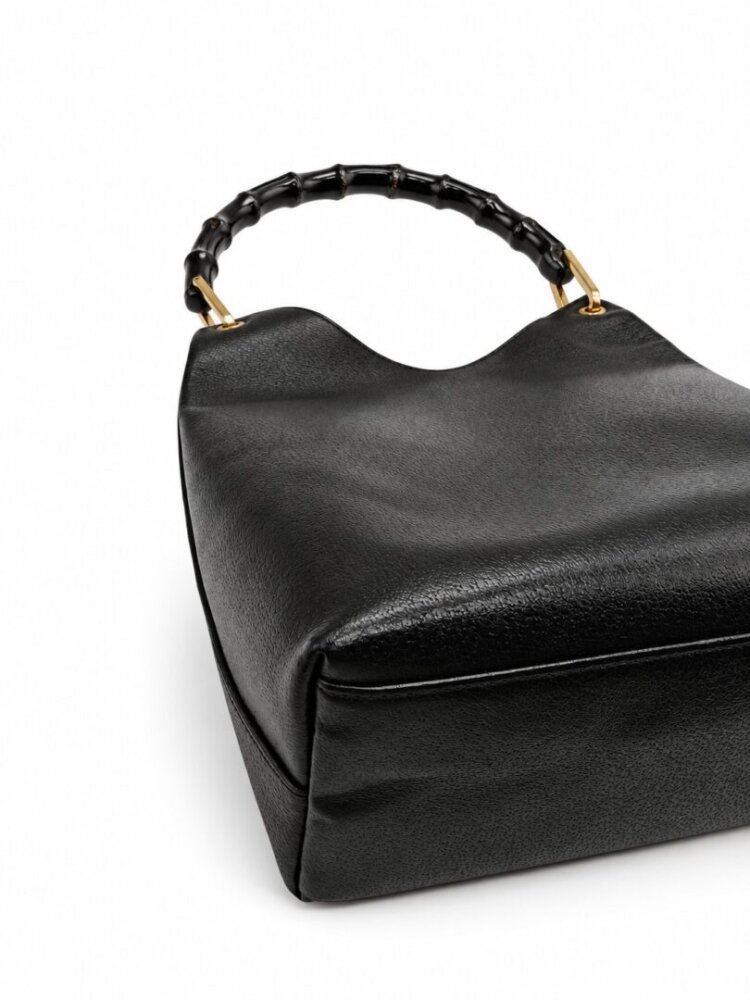Gucci Black Textured Leather Bamboo Shoulder Bag - Image 8